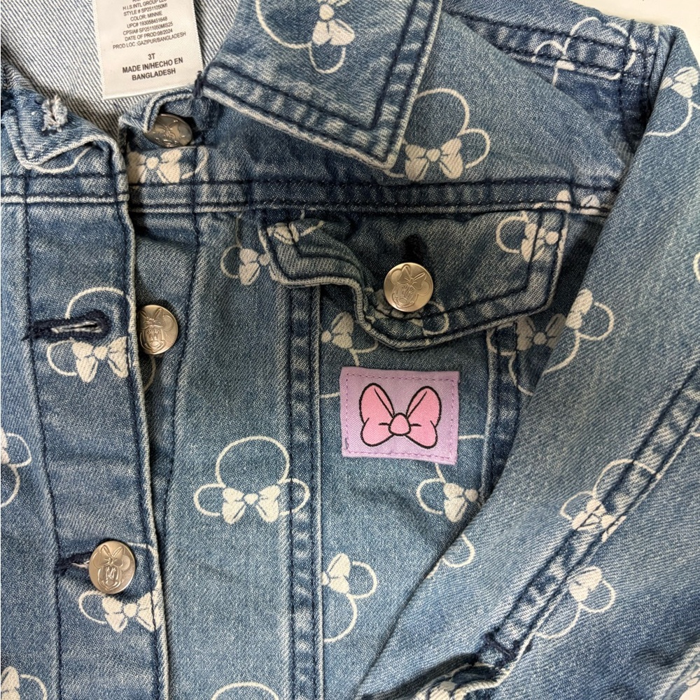Disney Minnie Mouse Denim Jacket with Minnie Ear/Bow Allover Print, Sz. 3T - Picture 3 of 7